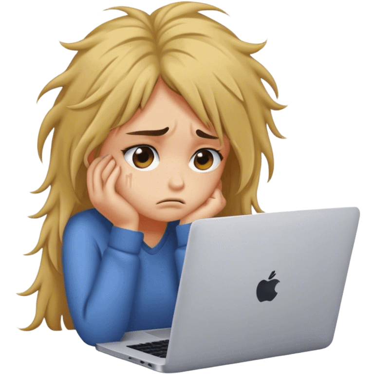 Sad girl sitting in front of a laptop, looking disappointed or tired emoji