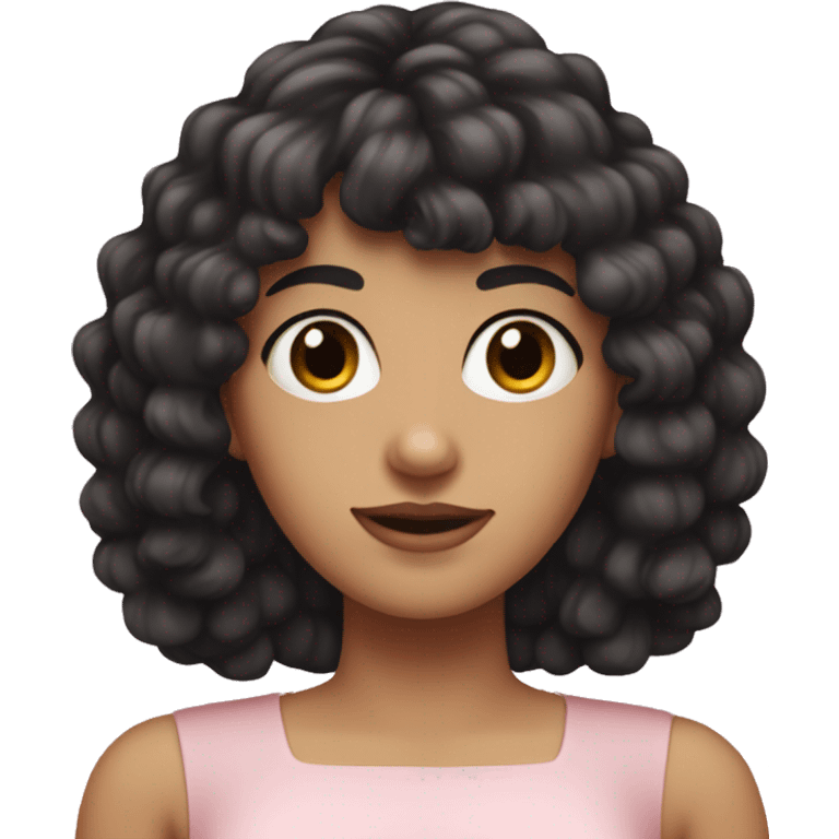 White woman with long black curly hair and bangs and dark brown eyes, wearing a pastel pink dress emoji