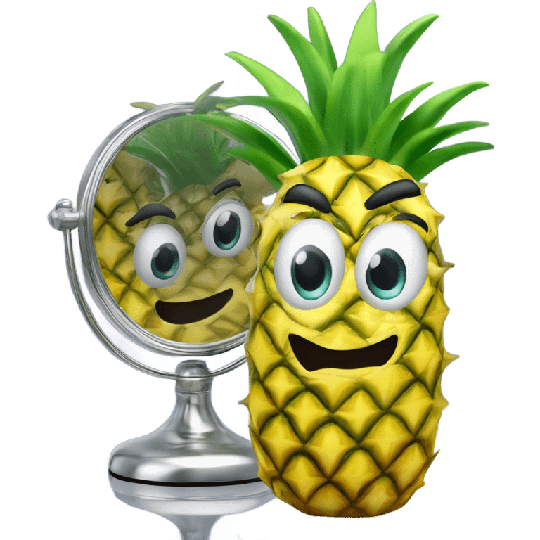 3D elegant pineapple🍍  with big shiny eyes 👀 pineapple holds mirror with its reflection 🪞🍍 emoji