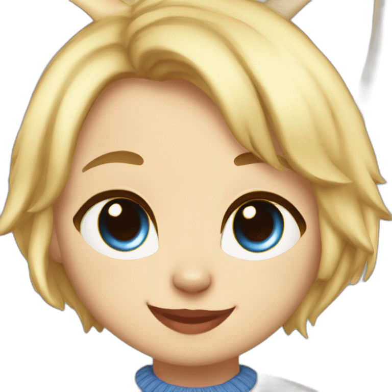 blonde-haired cat girl massive bright red eyes, cat smile, wearing a white sweater and a blue skirt emoji