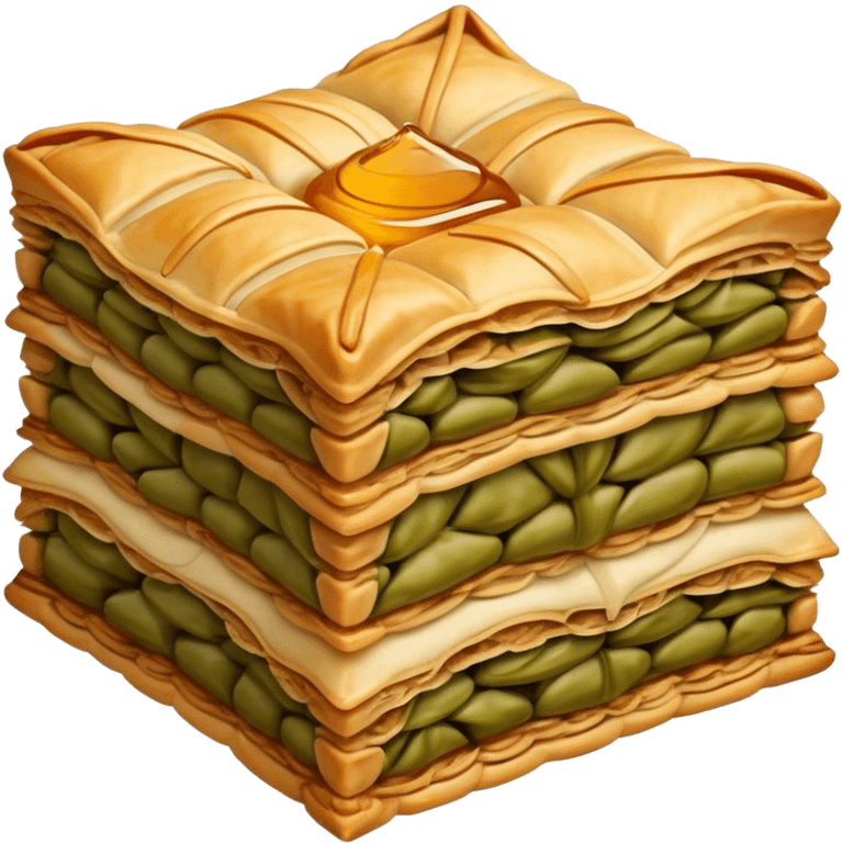 Cinematic Realistic Baklava Dessert Emoji, depicted as layers of flaky pastry with honey and nuts rendered with rich textures and warm, inviting lighting. emoji