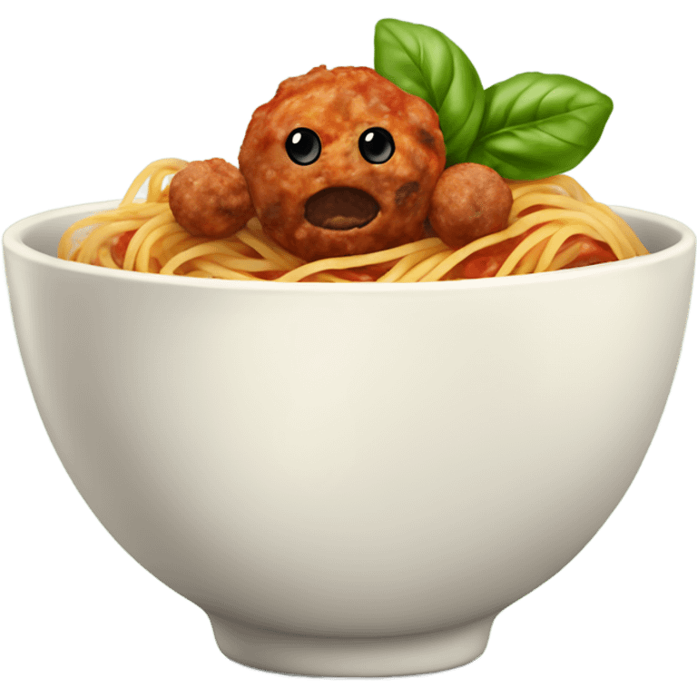 spaghetti with meatballs in a bowl with basil emoji