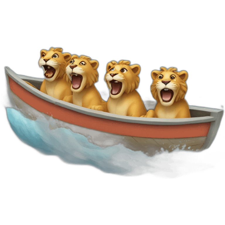 three lions scream at the fihish line scream while sitting in a boat emoji