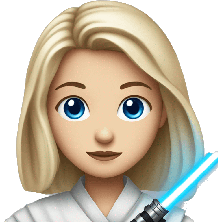 portrait of a girl with blue eyes with a jedi light saber emoji