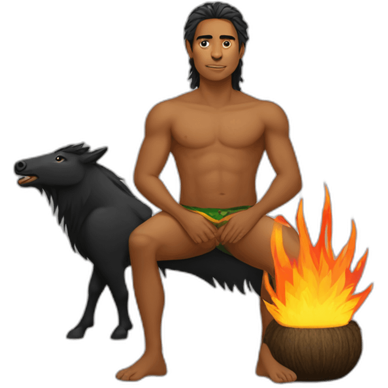 brazilian indigenous man with fire for a hair with feet pointing backward ssitting on a black boar emoji