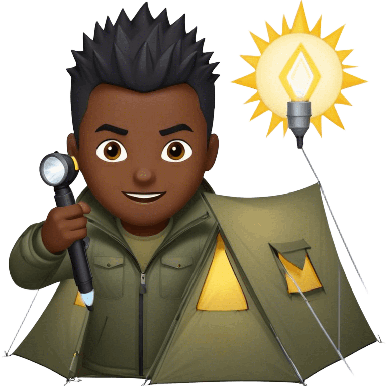 dark skinned black man with short spikey hair hover over a tent aiming his flashlight at the tent with an evil smile on his face emoji