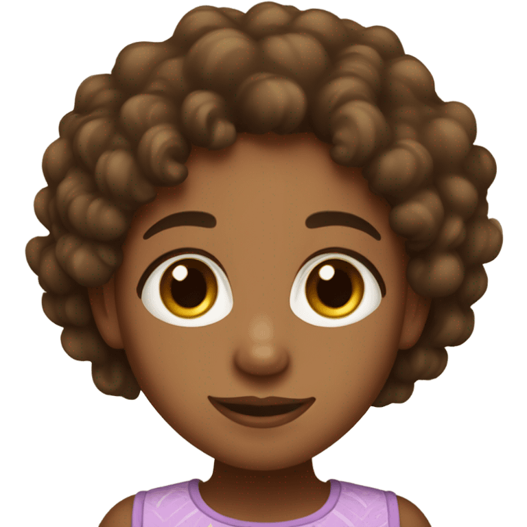 A brown skin girl with brown curly hair and hazel eyes wearing a cute top emoji