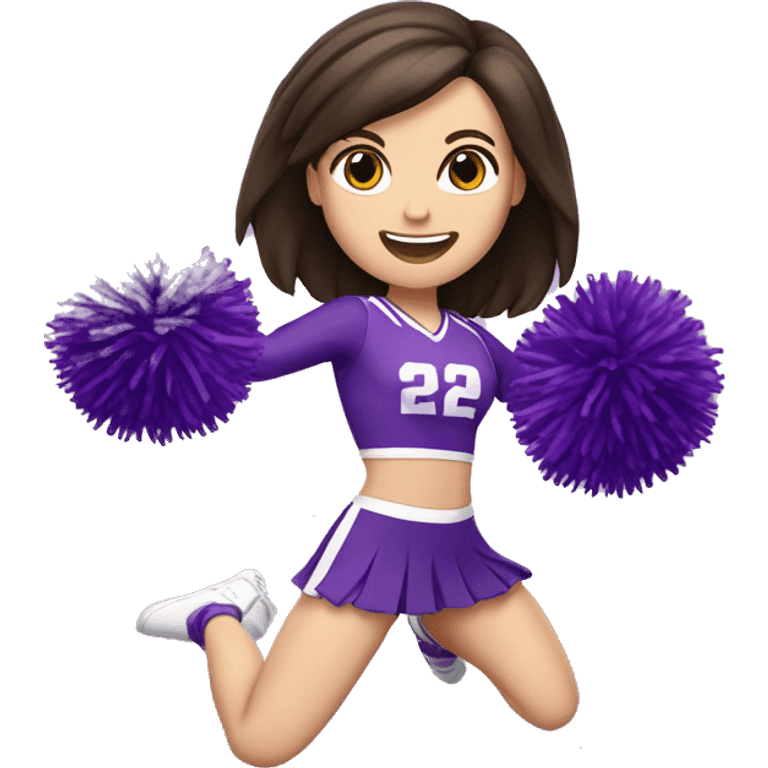 Caucasian cheerleader with dark brown hair, jumping and holding up two purple Pom poms, small full body emoji emoji