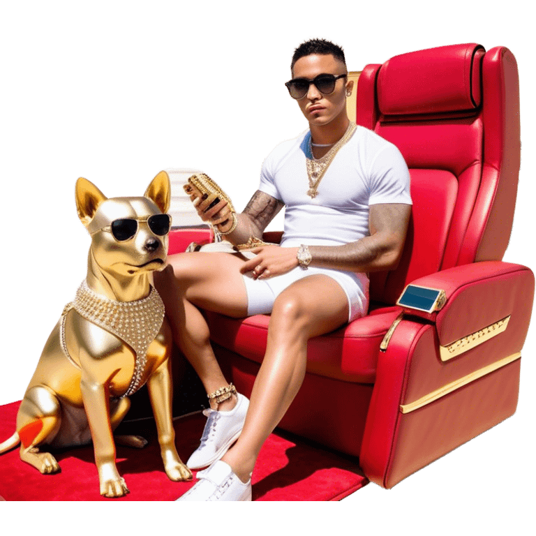  Celebrity Internet Marketer Known As Josh King Madrid, Designer Fit, 3 Diamond Tennis Chains, Golden Sparkle Private Jet Parked Behind Him, Seated On A Massive Gold Throne, Sunglasses On, Famous Instagram Bikini Model Tefi Valenzuela On His Lap, AI Robot Dog Next To His Spiky Diamond-Crusted Louboutin Red Bottoms. emoji