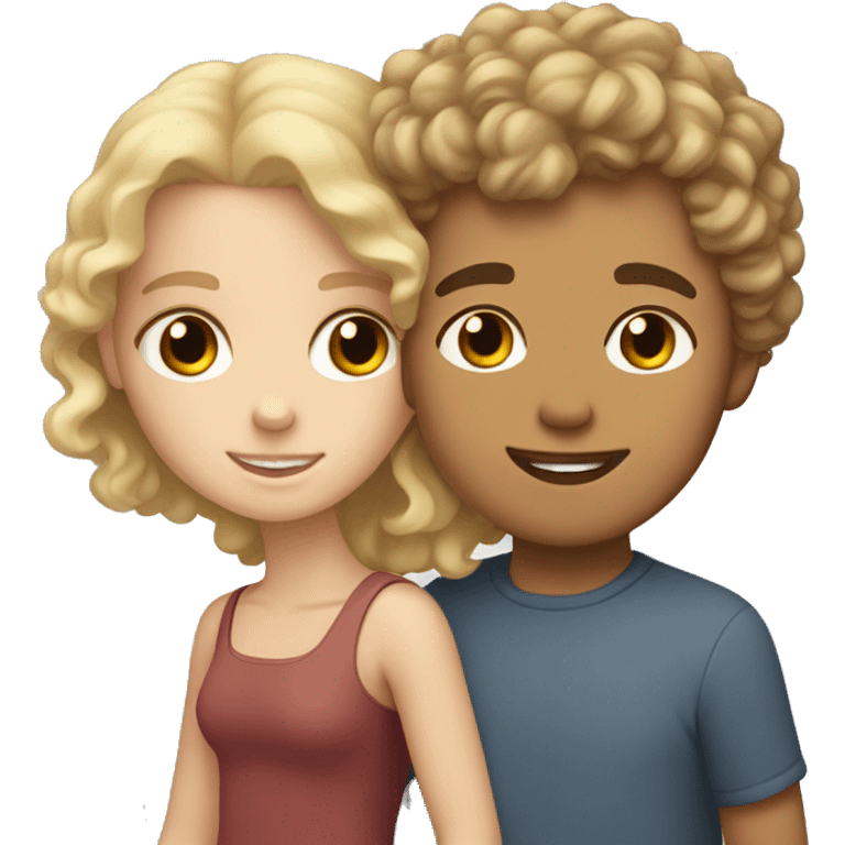 White boy with short curly blonde hair holding a mixed girl with brown curly hair hand emoji