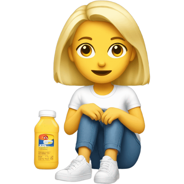 Blonde girl sat in mayo and has a markon her pants emoji