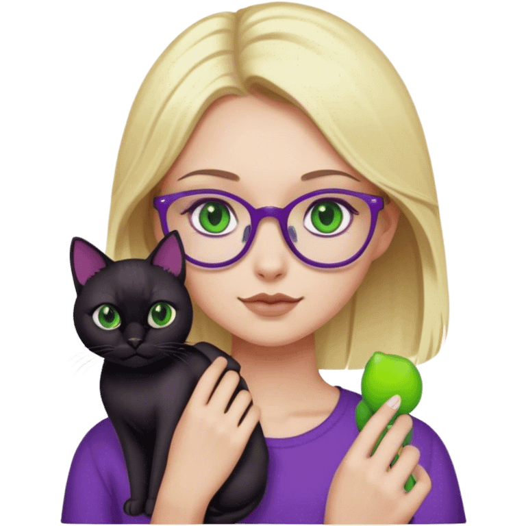 blonde girl wearing purple with green eyes and glasses  holding a black cat  emoji