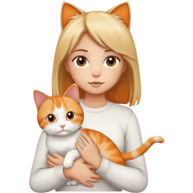 Girl with light brown and blonde hair holding a white, back and orange calico cat emoji