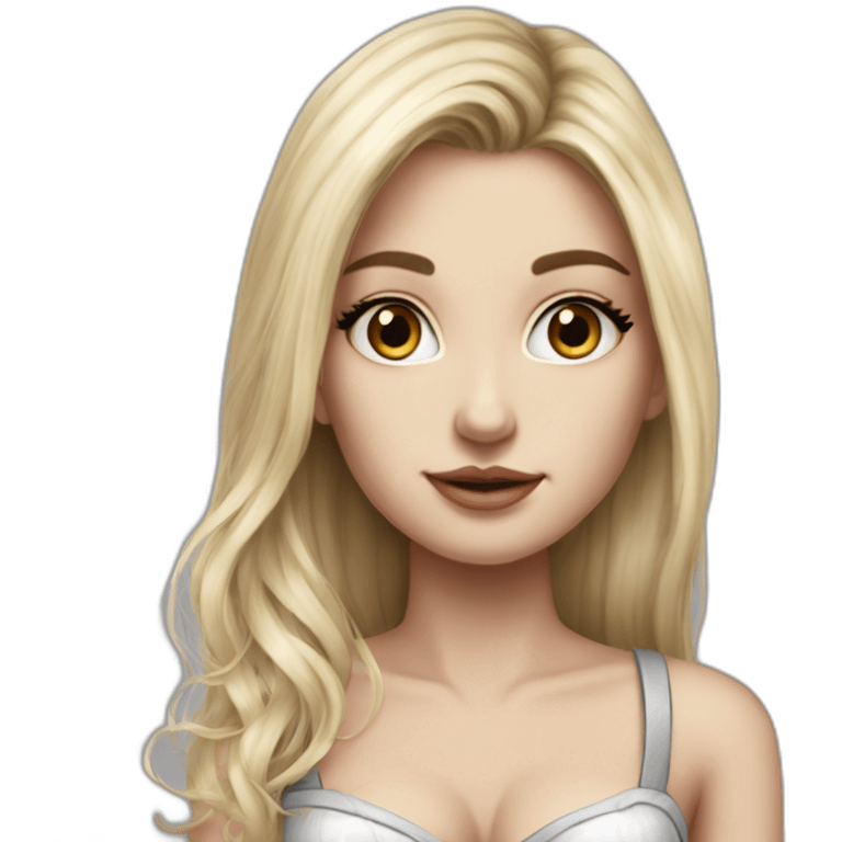 caucasian straight long haired blonde, white bustier, tight grey mini skirt, hyperrealist drawing emoji