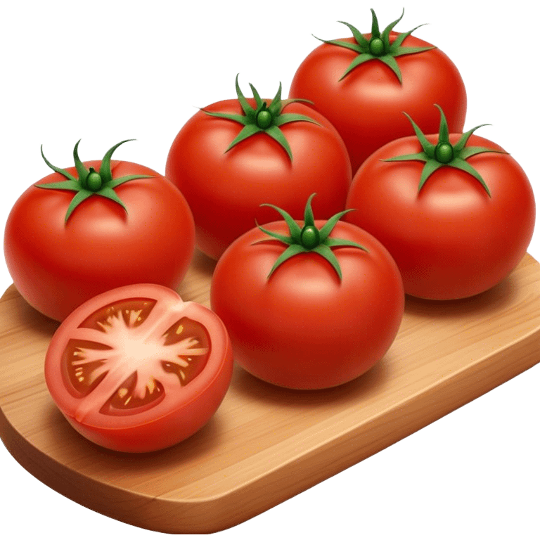 Cinematic juicy ripe tomatoe, deep red, slightly dewy, arranged on a wooden cutting board, soft glowing background, rich and flavorful. emoji