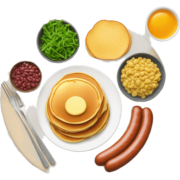 Pancakes, sausages, mixed veggies, beans breakfast emoji