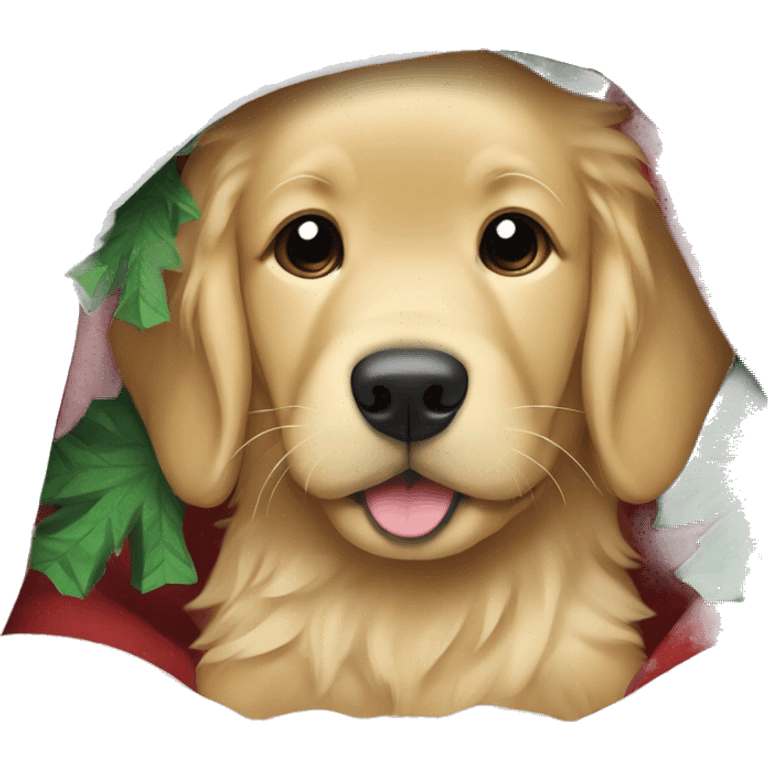 baby golden retriever under a blanket under a christmas tree emoji