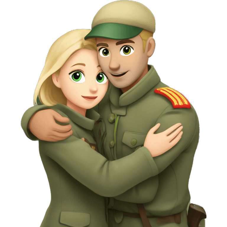 Russian soldier blond with blue eyes with a green military cap hugs a girl in a gray coat with brown hair and green eyes at the train station emoji