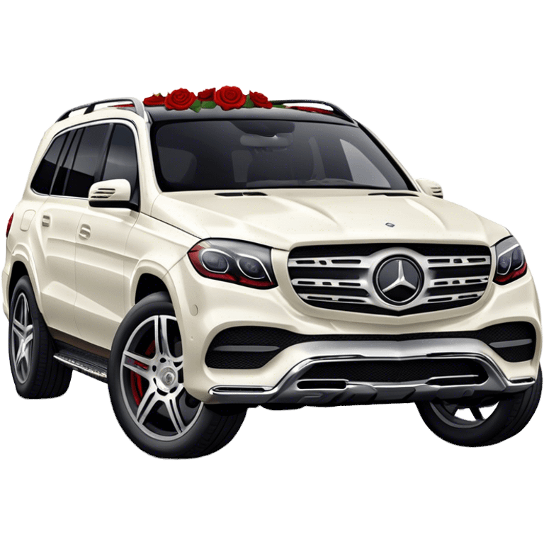 Side profile of White Mercedes GLS 600 with red roses on the hood emoji