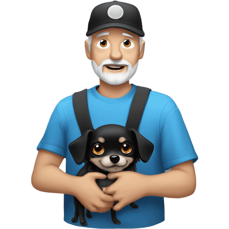 Old man with blue eyes goatee beard ball cap holding cute black Chihuahua with long hair emoji