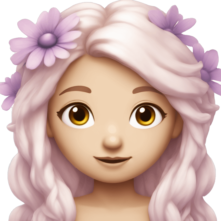 Beautiful, flower fairy, white long, light pink hair, big wings, white skin, light violet eyes  emoji