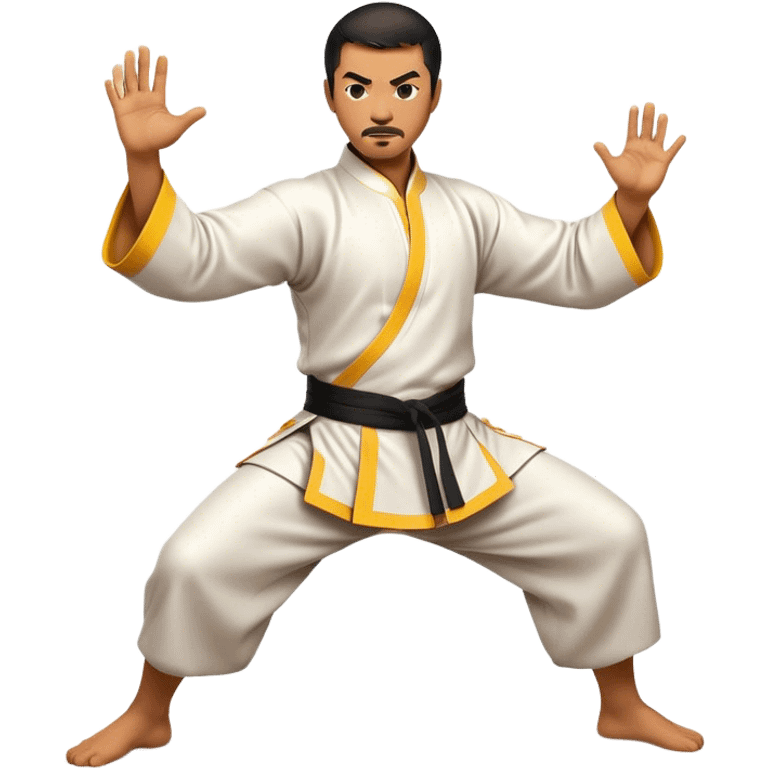 Cinematic Realistic Kung Fu Action Emoji, depicted as an epic martial arts scene with a master executing a precise move in traditional attire, rendered with fluid motion and vibrant textures under dramatic high-contrast lighting. emoji