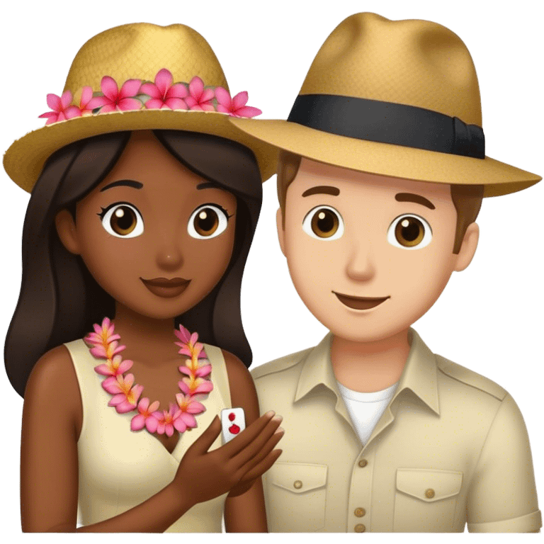 White man with fedora proposing to Hawaiian woman emoji