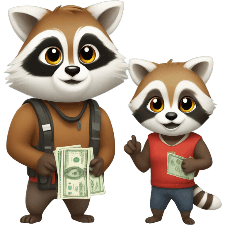 1 male raccoon and 1 female red panda each holding a bag of cash emoji