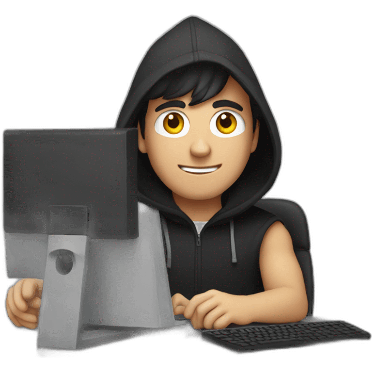 A young white Developer with a black hood behind his computer and taping on his keyboard emoji