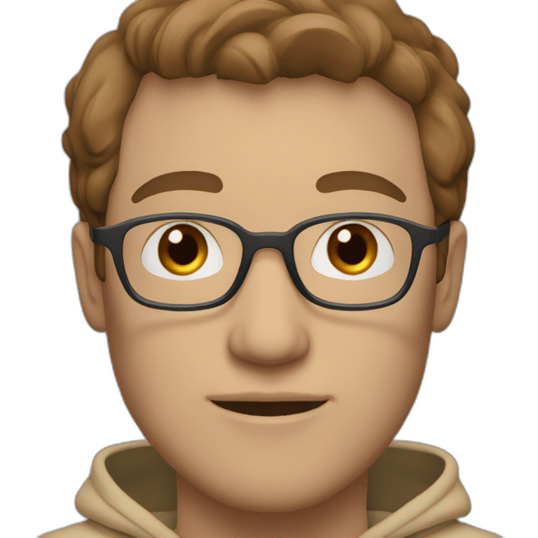 Man with blue eyes and brown hair and glasses wearing a beige hoodie emoji