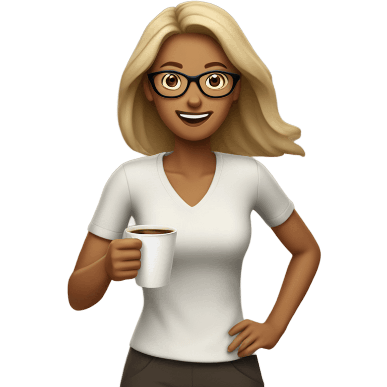 a tan women with glasses who is running as she is holding coffee  emoji