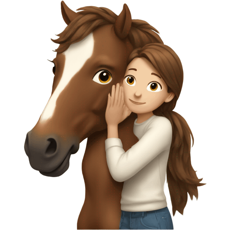 Girl with brown hair hugging brown horse with white spots  emoji