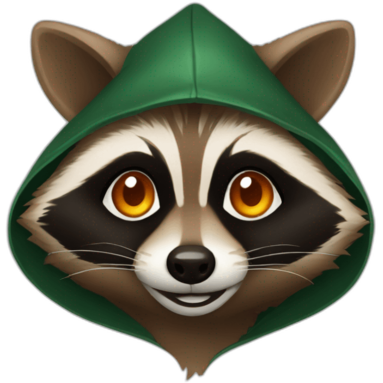 brown raccoon with orange eyes and a dark green hood that is smiling emoji