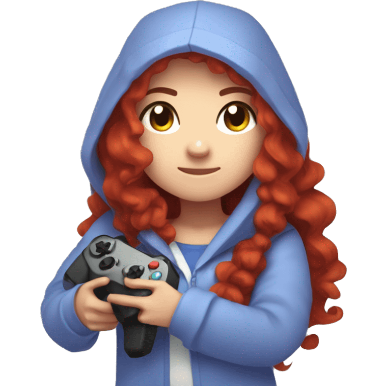 a white minecraft  girl with long red curly hair, wearing periwinkle Minecraft hoodie holding a controller emoji