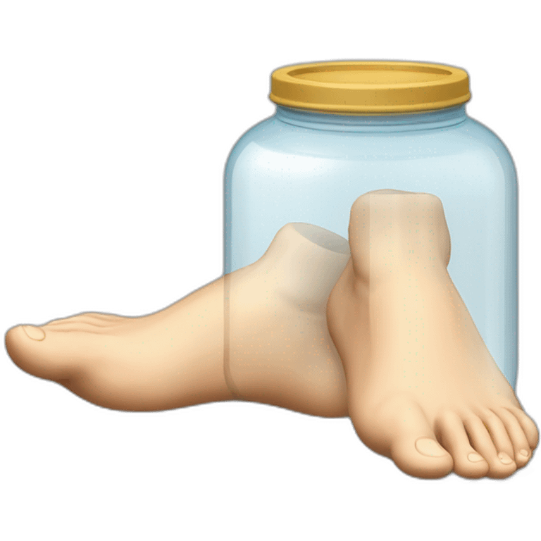 human feet standing on the floor with an empty transparent jar between them,outside,to the left and to the right,front view emoji