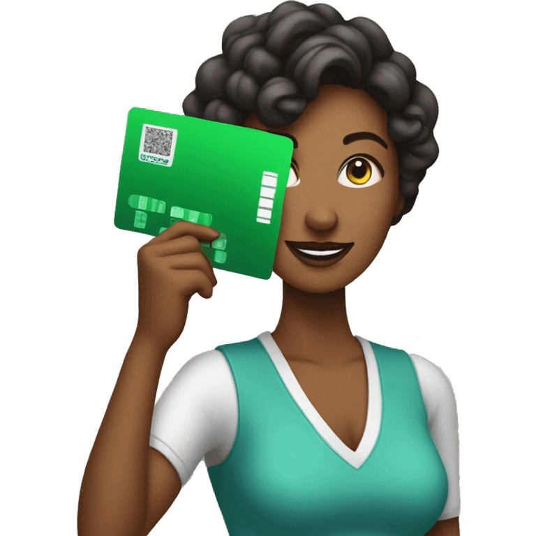 Woman in her 30s holding a green card machine emoji