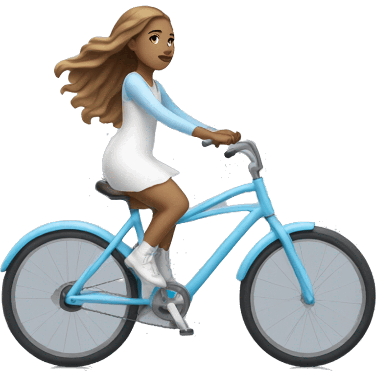 Girl riding very light blue bike, she is wearing white dress, she has long light brown hair and light skin emoji