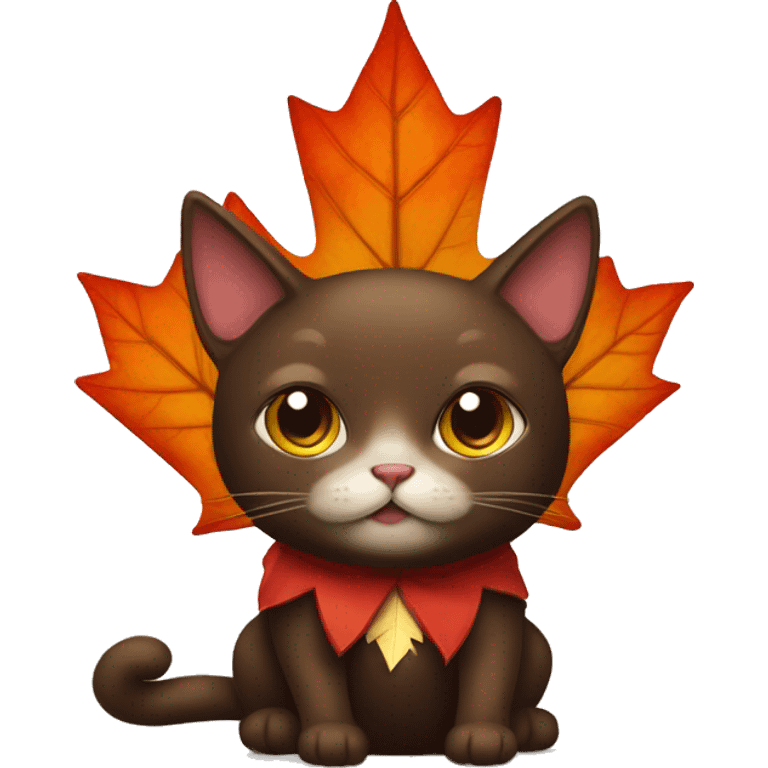 Dark Brown cat dressed as maple leaf emoji