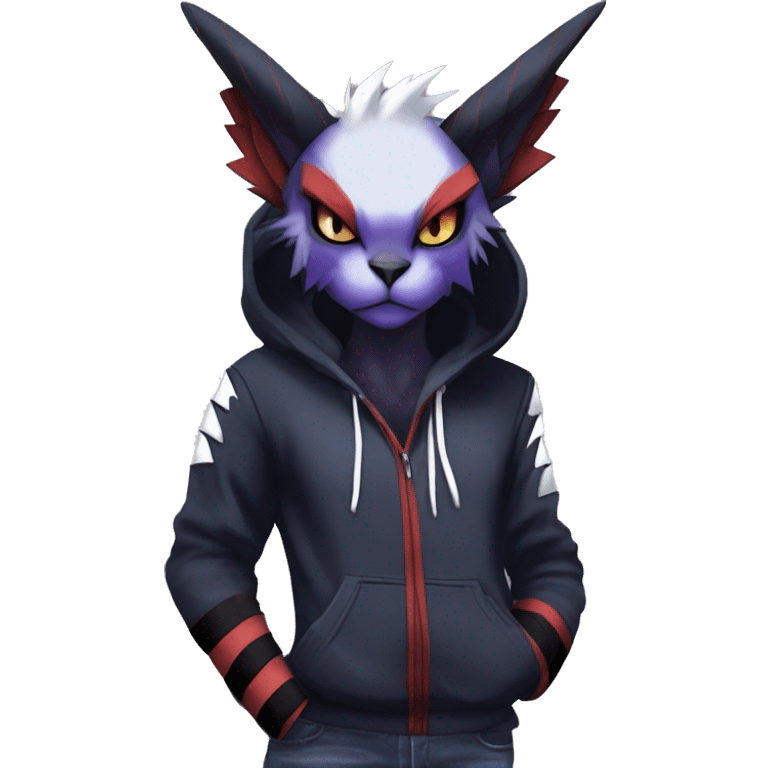 Cool Anthro Dark Absol-Noivern-Quilava-Litten-Pokémon with edgy stripes hoodie spiked collar punk Full Body emoji