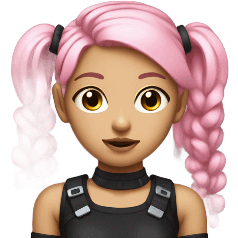 cyborg girl, pink twintails, cyberpunk, black collar, black crop top emoji