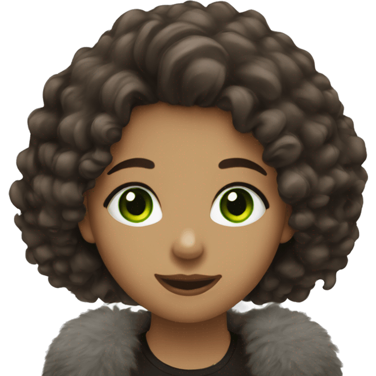 a girl with dark brown fluffy hair, green eyes, long lashes and braces emoji