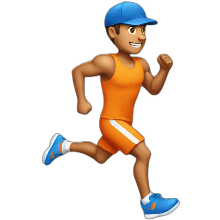 tanned man running with withe and blue shoes and orange cap emoji