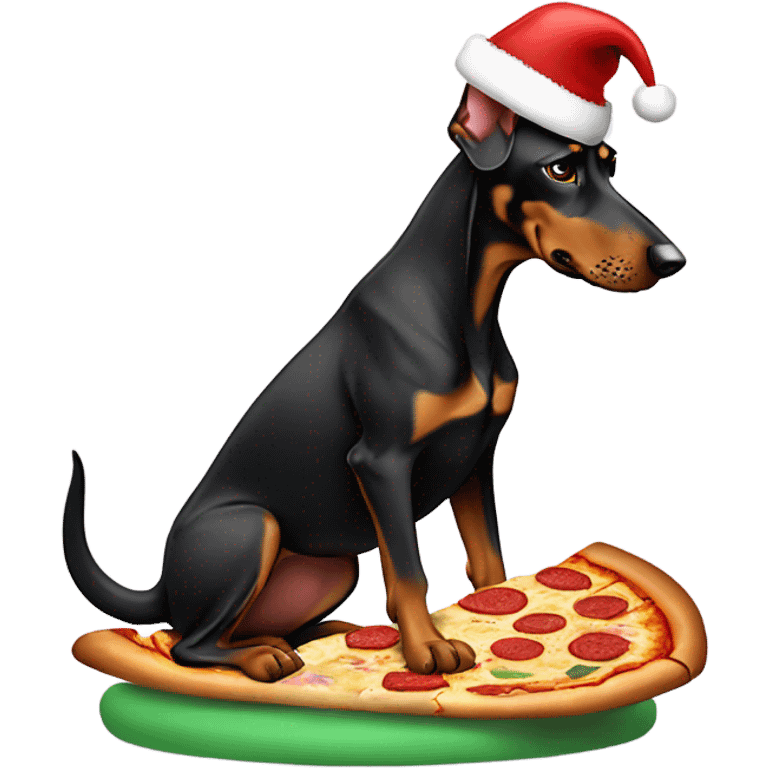 Doberman with Santa hat eating pizza emoji