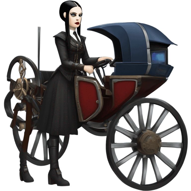 Wednesday Addams Jedi bounty hunter driving a modern blue,red and pewter steampunk electric luxury carriage  emoji