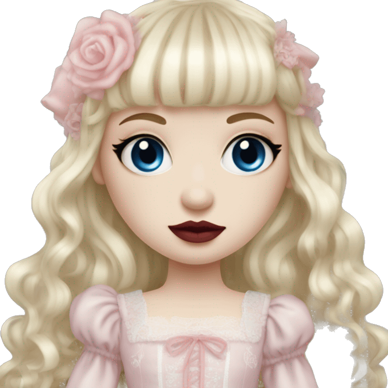 russian pale girl with long blond hair and bangs, red lips, pink cheeks, long eyelashes, big blue eyes, pink wedding dress with laces, gothic Lolita doll look emoji