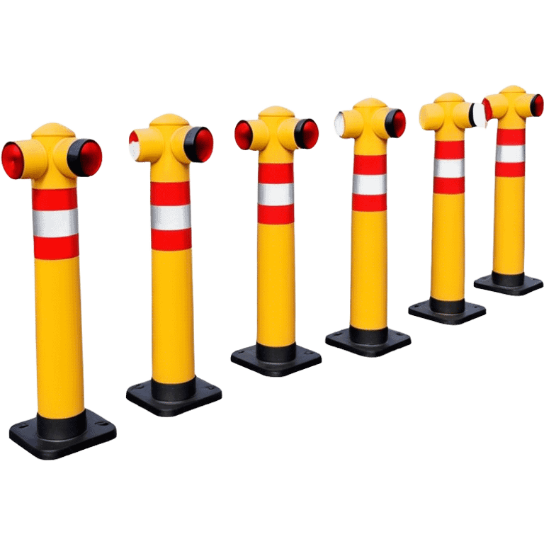 A boundary marked by a series of warning bollards lined up in a row, creating a clear division, with caution signs emphasizing the restricted area emoji