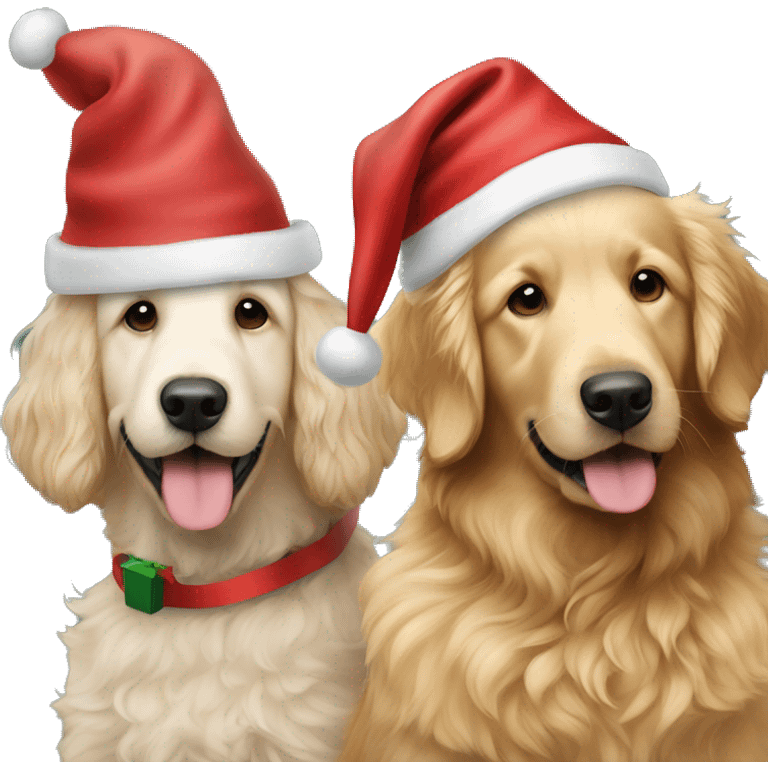 Make a goldendoodle and a golden retriever sitting next to each other with Christmas hats  emoji