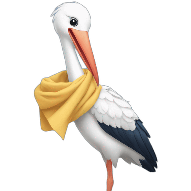 White stork carrying a blue bundle of cloth in its big beak that has a cute human person cute baby boy inside and his head is peeking from the fabric the strok is carrying in its beak emoji