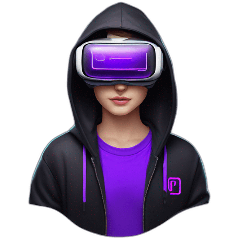 Russian student wearing black hoody with violet letters "OMG", in vr headset. Cyberpunk style. Violet neon. emoji