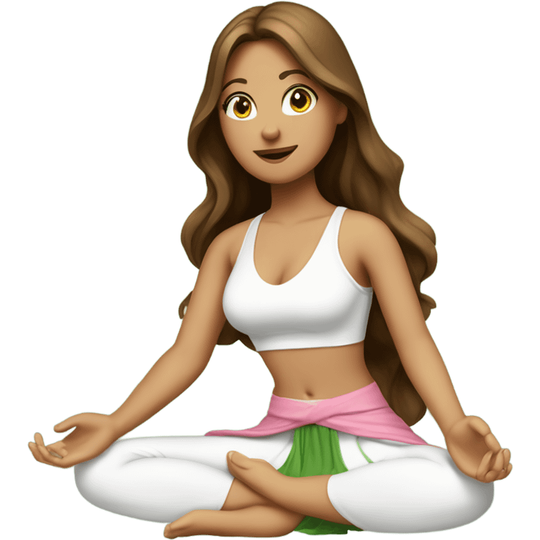 A girl with brown long hair, fair skin and green eyes is sitting in a lotus position in a white bra top and pink skirts emoji